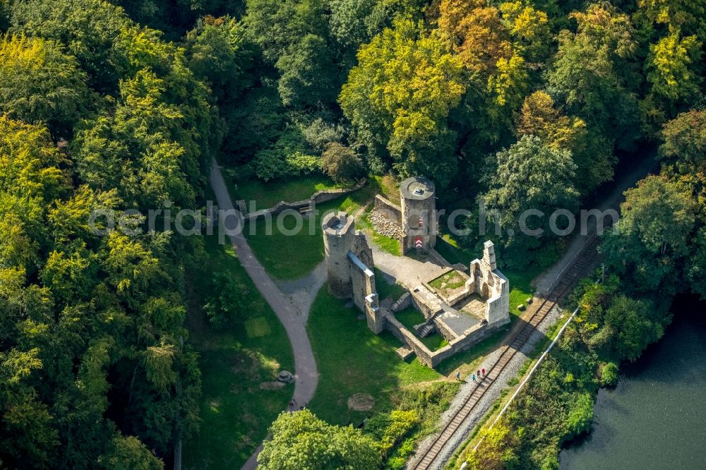 Witten from above - Ruins and vestiges of the former castle and fortress Burgruine Hardenstein in the district Herbede in Witten in the state North Rhine-Westphalia, Germany