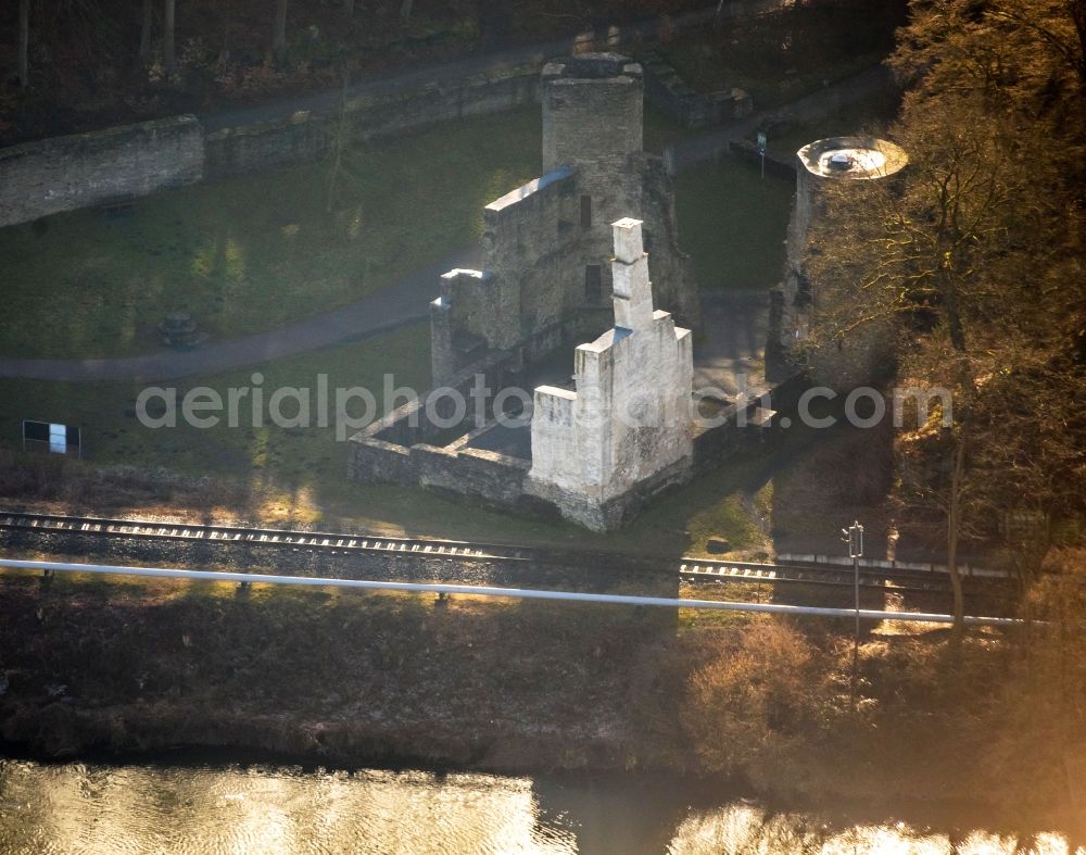 Witten from above - Ruins and vestiges of the former castle and fortress Burgruine Hardenstein in the district Herbede in Witten in the state North Rhine-Westphalia, Germany