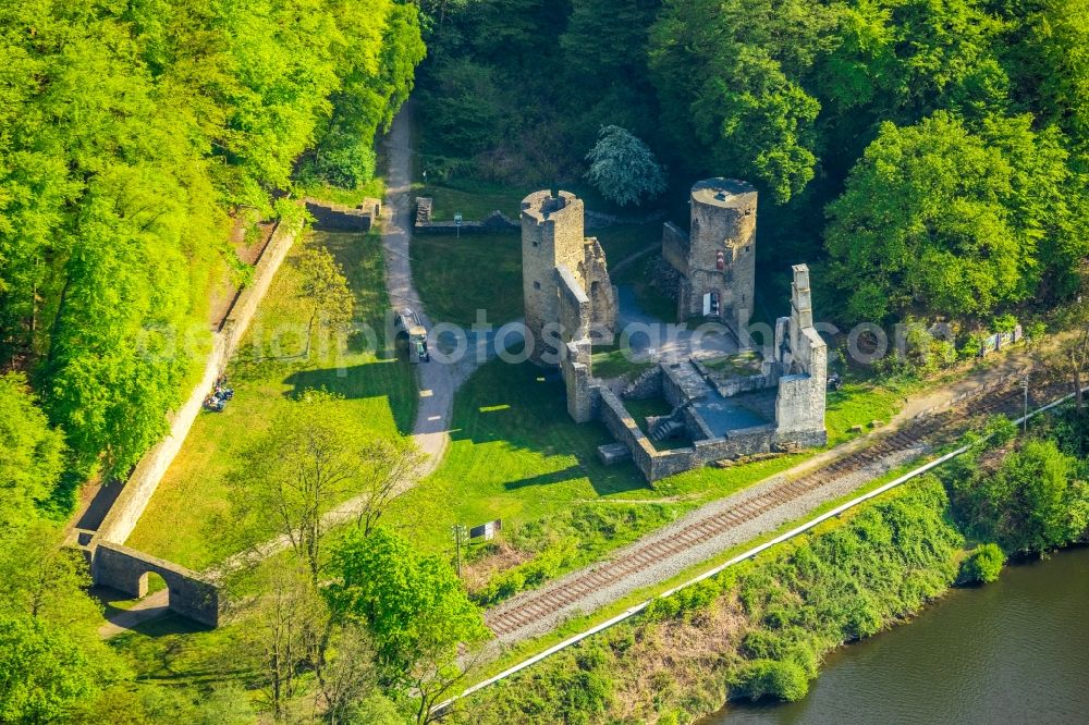 Witten from above - Ruins and vestiges of the former castle and fortress Burgruine Hardenstein in the district Herbede in Witten in the state North Rhine-Westphalia, Germany