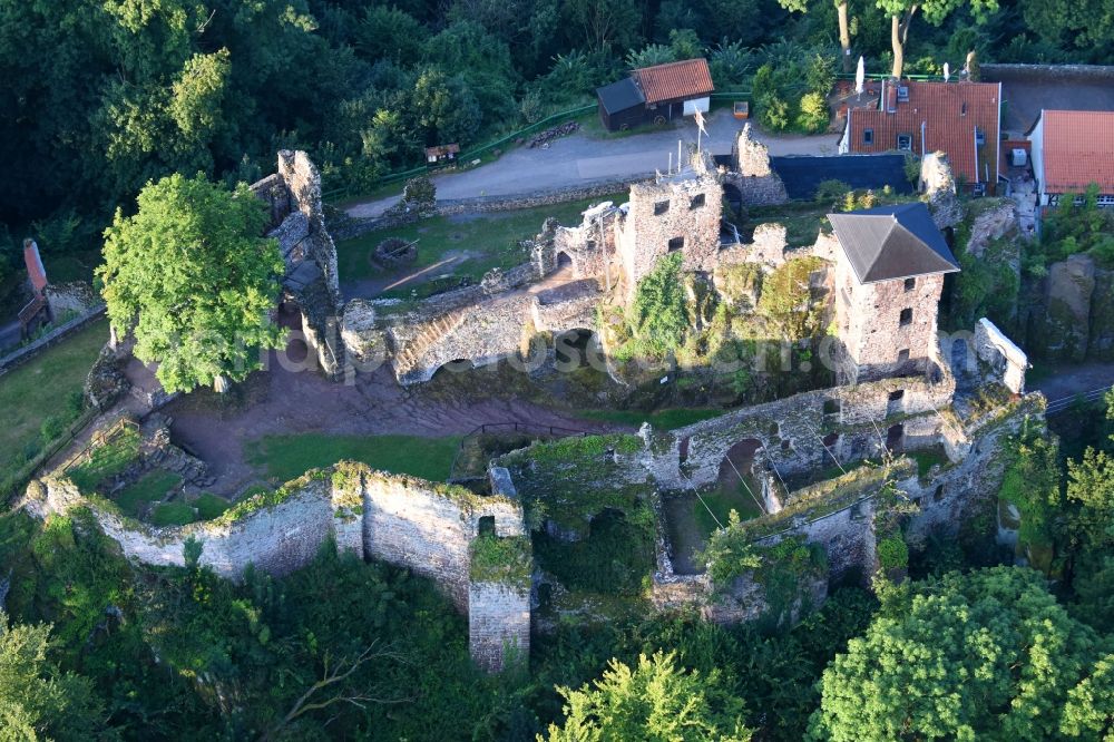 Aerial image Neustadt/Harz - Ruins and vestiges of the former castle and fortress Burgruine Hohnstein on Burgstrasse in Neustadt/Harz in the state Thuringia, Germany