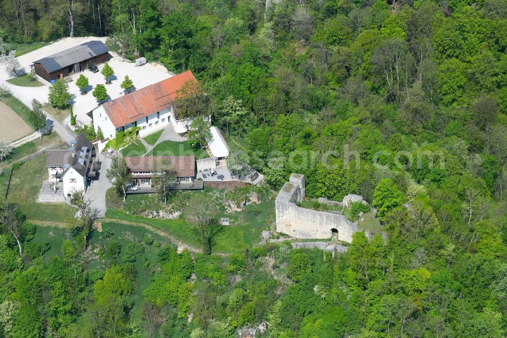 Hayingen from above - Ruins and vestiges of the former castle and fortress Burgruine Maisenburg and the Burgruine Maisenburg in Hayingen in the state Baden-Wuerttemberg, Germany