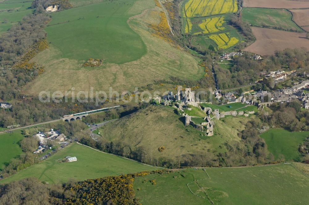 Aerial photograph Corfe Castle - Ruins and vestiges of the former castle and fortress Corfe Castle on The Square in Corfe Castle in England, United Kingdom