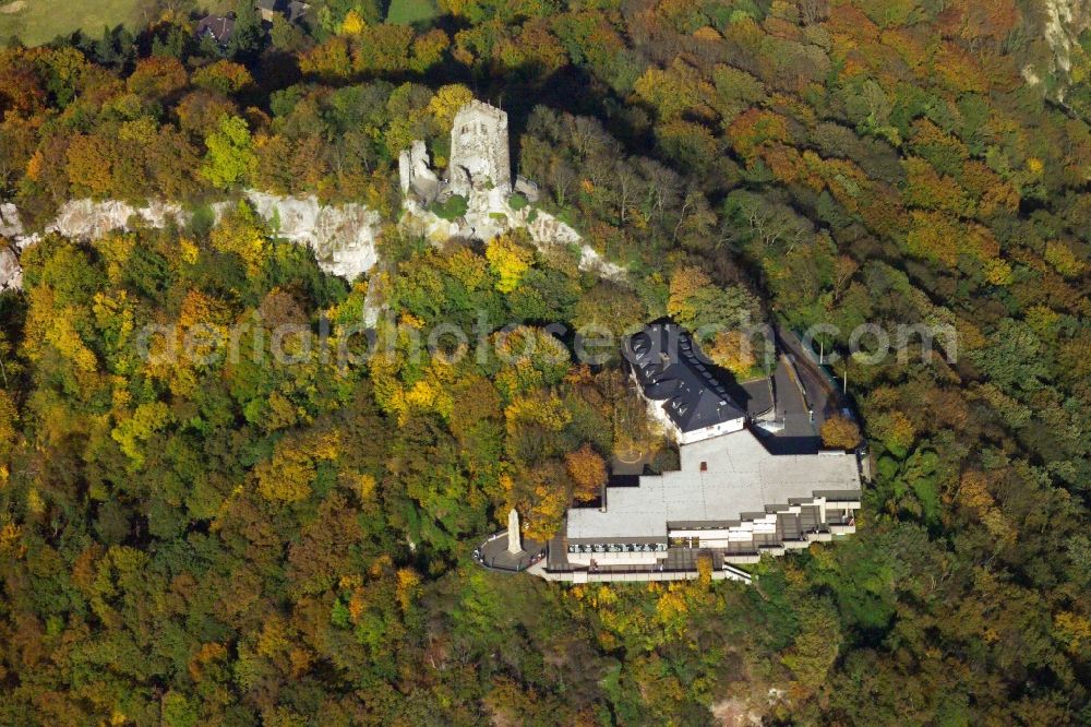 Königswinter from above - Ruins and vestiges of the former castle and fortress Drachenfels in Koenigswinter in the state North Rhine-Westphalia, Germany