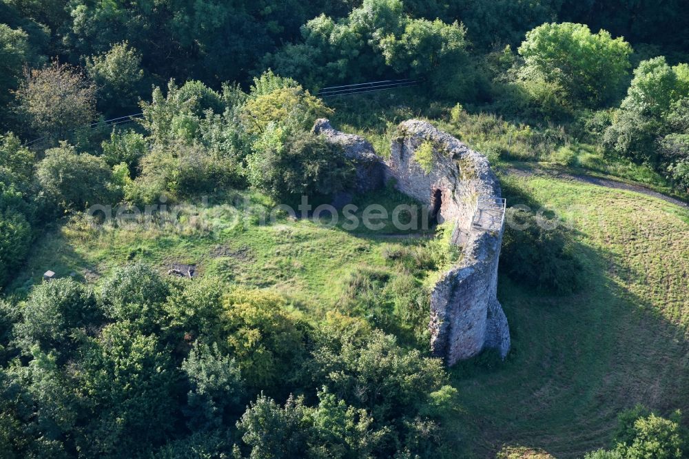 Ebsdorfergrund from above - Ruins and vestiges of the former castle and fortress Frauenberg Ruine in Ebsdorfergrund in the state Hesse, Germany