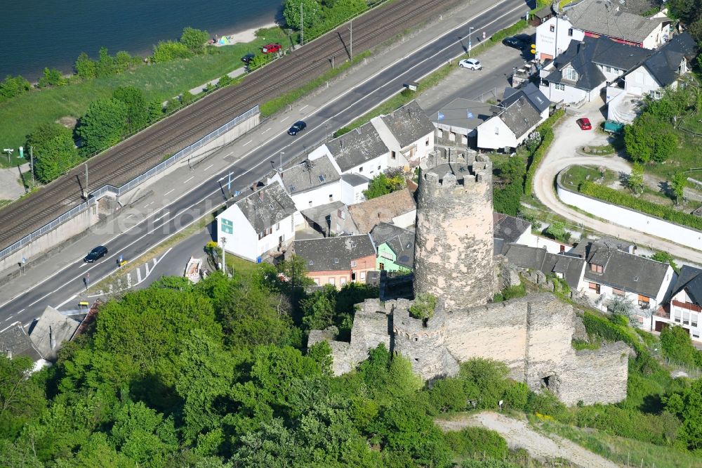 Oberdiebach from above - Ruins and vestiges of the former castle and fortress Fuerstenberg in Oberdiebach in the state Rhineland-Palatinate, Germany