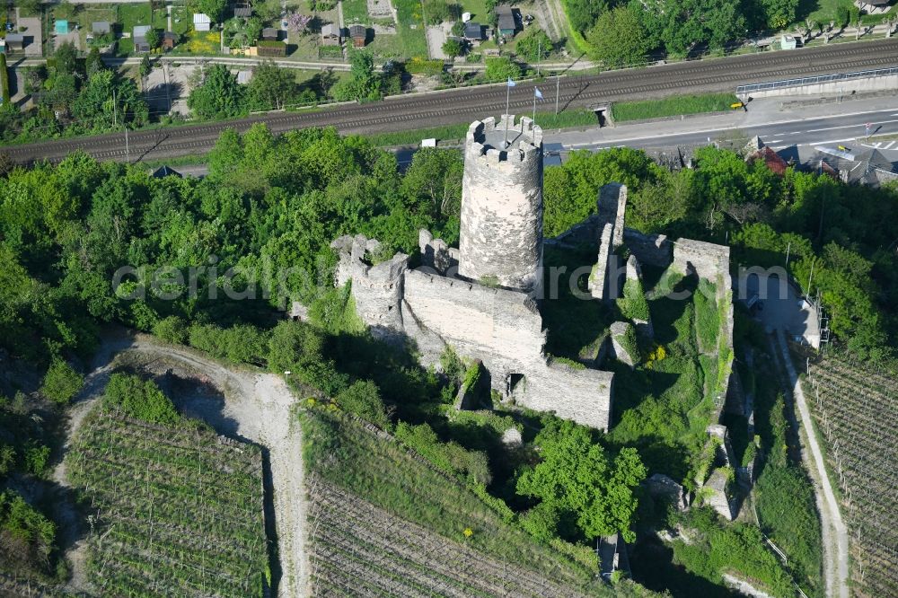 Oberdiebach from above - Ruins and vestiges of the former castle and fortress Fuerstenberg in Oberdiebach in the state Rhineland-Palatinate, Germany