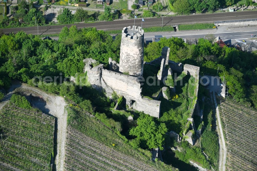 Oberdiebach from the bird's eye view: Ruins and vestiges of the former castle and fortress Fuerstenberg in Oberdiebach in the state Rhineland-Palatinate, Germany