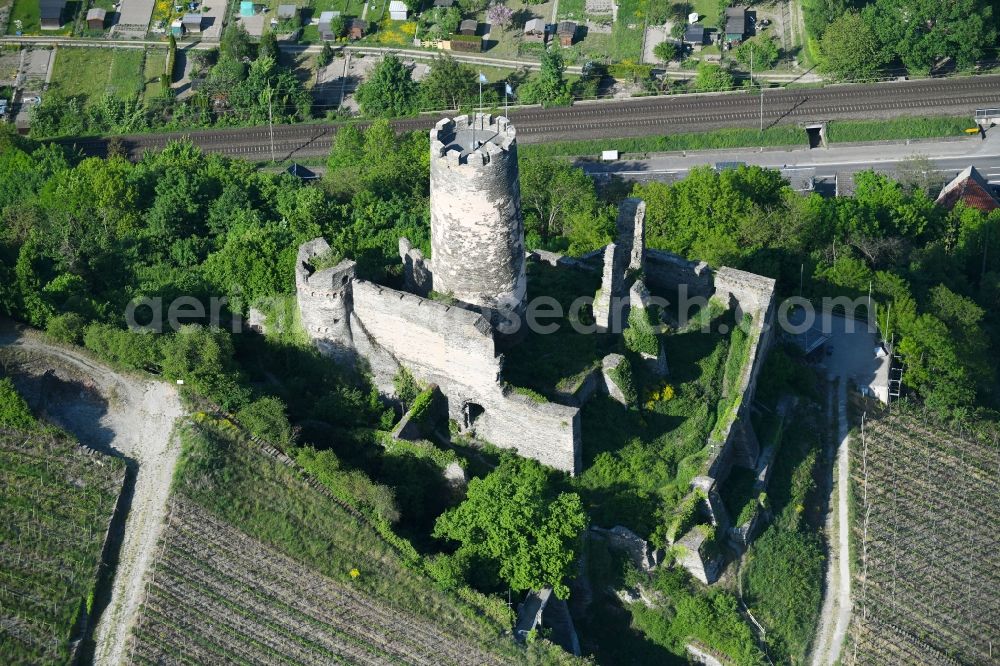 Aerial image Oberdiebach - Ruins and vestiges of the former castle and fortress Fuerstenberg in Oberdiebach in the state Rhineland-Palatinate, Germany