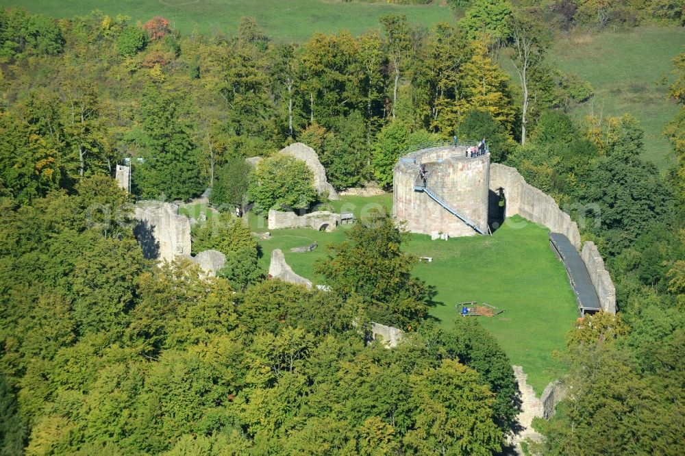 Henneberg from the bird's eye view: Ruins and vestiges of the former castle and fortress in Henneberg in the state Thuringia