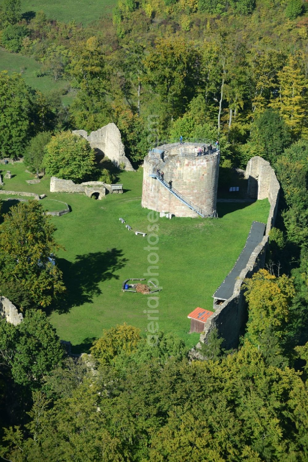 Henneberg from the bird's eye view: Ruins and vestiges of the former castle and fortress in Henneberg in the state Thuringia