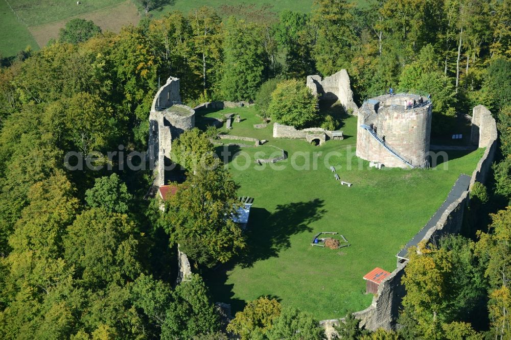 Aerial image Henneberg - Ruins and vestiges of the former castle and fortress in Henneberg in the state Thuringia