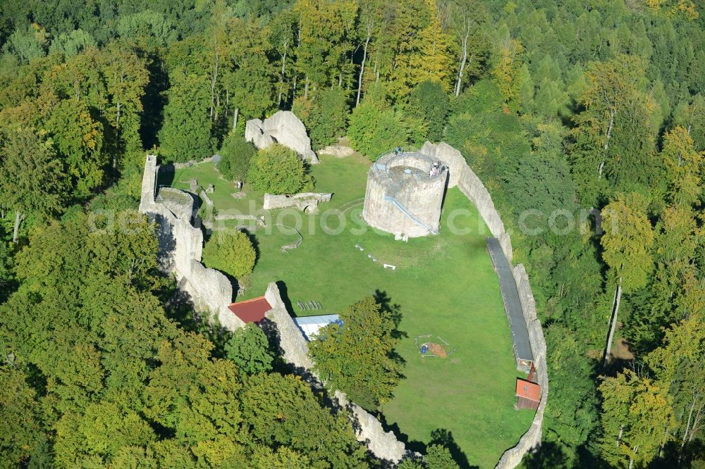 Henneberg from the bird's eye view: Ruins and vestiges of the former castle and fortress in Henneberg in the state Thuringia