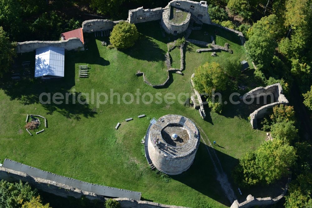 Henneberg from the bird's eye view: Ruins and vestiges of the former castle and fortress in Henneberg in the state Thuringia