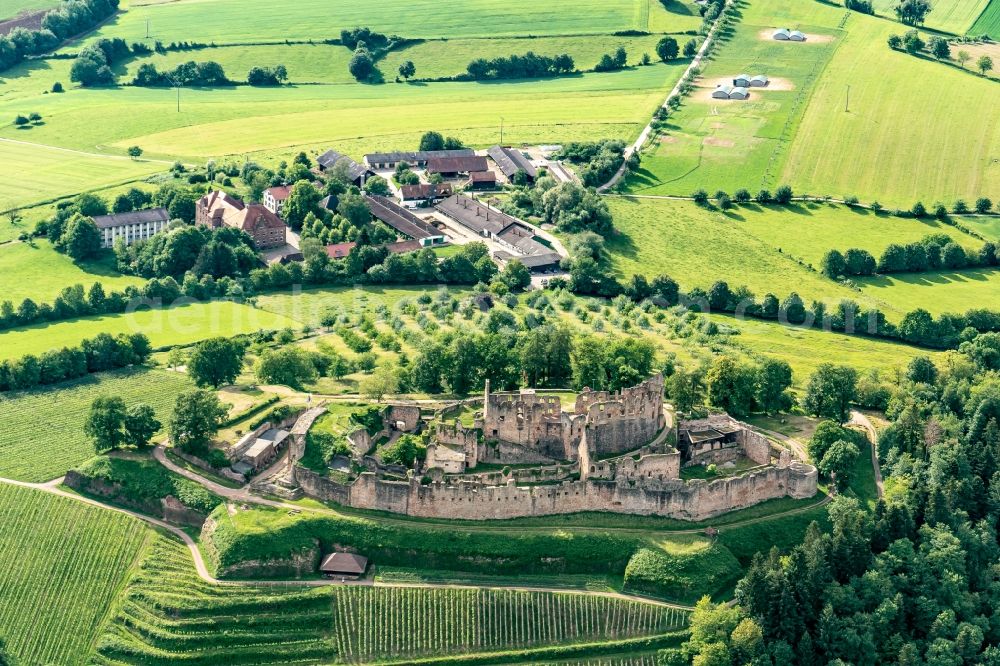 Emmendingen from the bird's eye view: Ruins and vestiges of the former castle and fortress of Hochburg in Emmendingen in the state Baden-Wuerttemberg, Germany