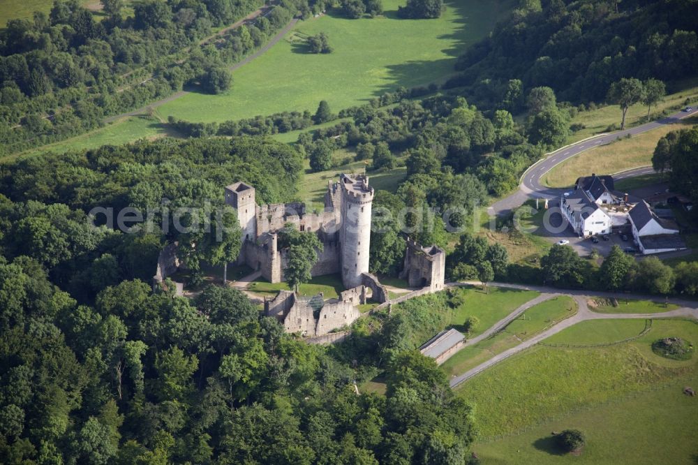 Aerial image Pelm - Ruins and vestiges of the former castle and fortress Kasselburg in Pelm in the state Rhineland-Palatinate, Germany. The castle is part of the eagle and wolf park of the Vulkaneifel region