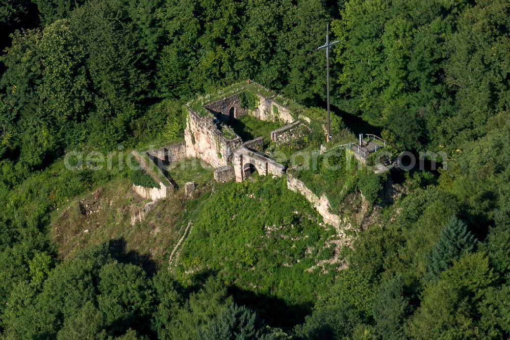 Herbolzheim from above - Ruins and vestiges of the former castle and fortress Kirnburg Bleichheim in Herbolzheim in the state Baden-Wuerttemberg, Germany