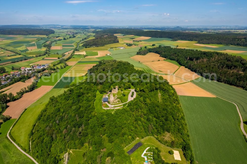 Volkmarsen from above - Ruins and vestiges of the former castle and fortress Kugelsburg in Volkmarsen in the state Hesse, Germany