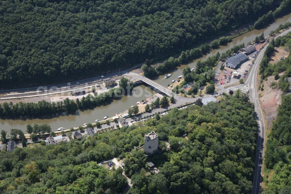 Laurenburg from above - Ruins and vestiges of the former castle and fortress Laurenburg in Laurenburg in the state Rhineland-Palatinate, Germany