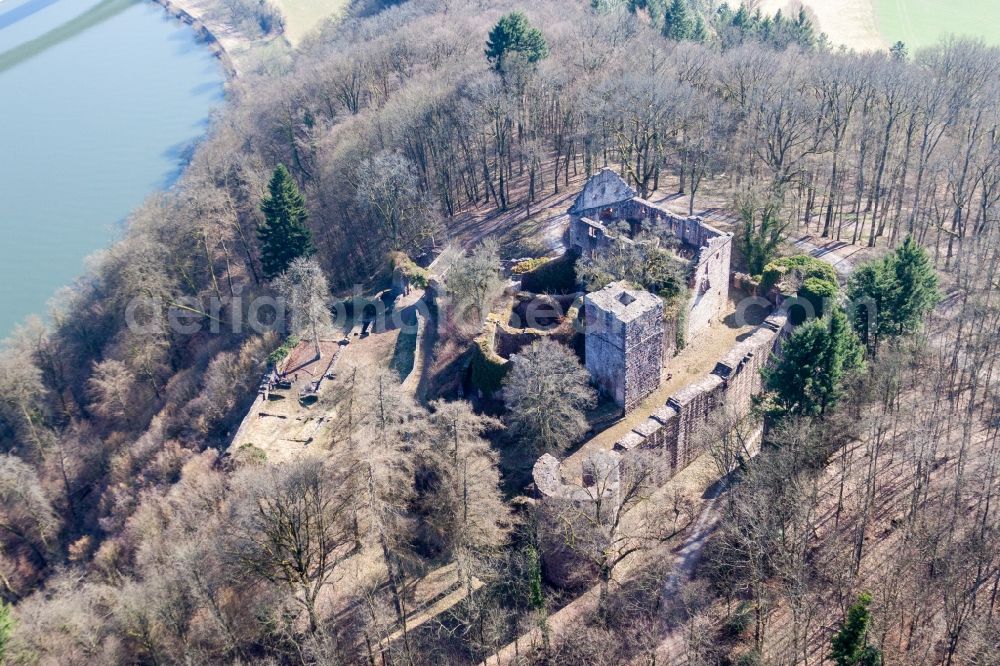 Aerial image Neckargerach - Ruins and vestiges of the former castle and fortress Minneburg above the river Neckar in Neckargerach in the state Baden-Wuerttemberg, Germany