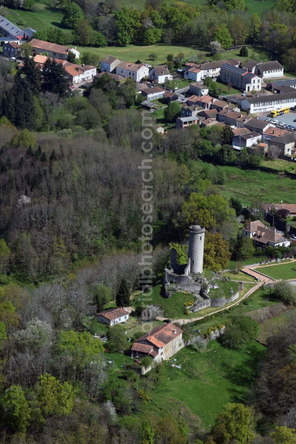 Aerial image Piégut-Pluviers - Ruins and vestiges of the former castle and fortress in Piegut-Pluviers in Aquitaine Limousin Poitou-Charentes, France