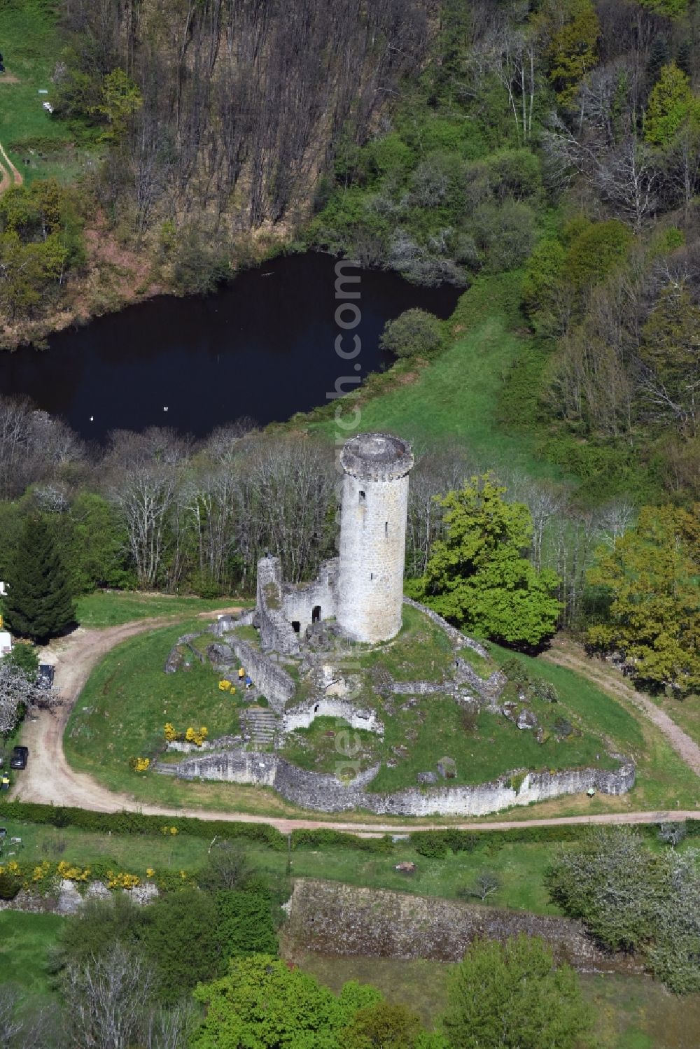 Piégut-Pluviers from the bird's eye view: Ruins and vestiges of the former castle and fortress in Piegut-Pluviers in Aquitaine Limousin Poitou-Charentes, France