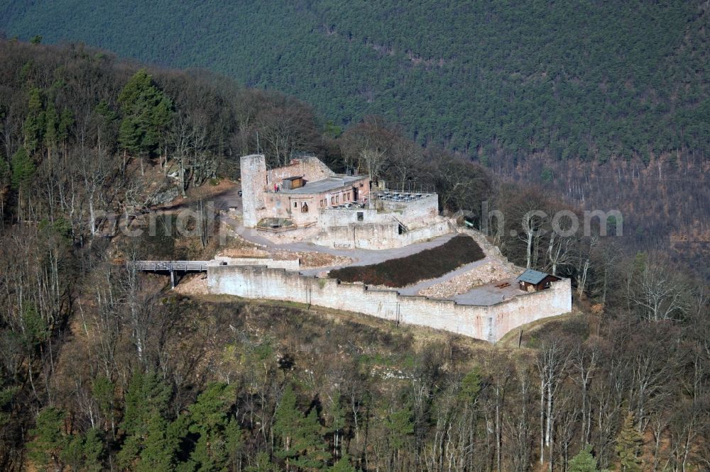 Rhodt unter Rietburg from above - Ruins and vestiges of the former castle and fortress Rietburg in Rhodt unter Rietburg in the state Rhineland-Palatinate