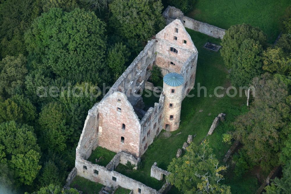 Aerial image Gemünden - Ruins and vestiges of the former castle and fortress Ruine Schoenrain in Gemuenden in the state Bavaria