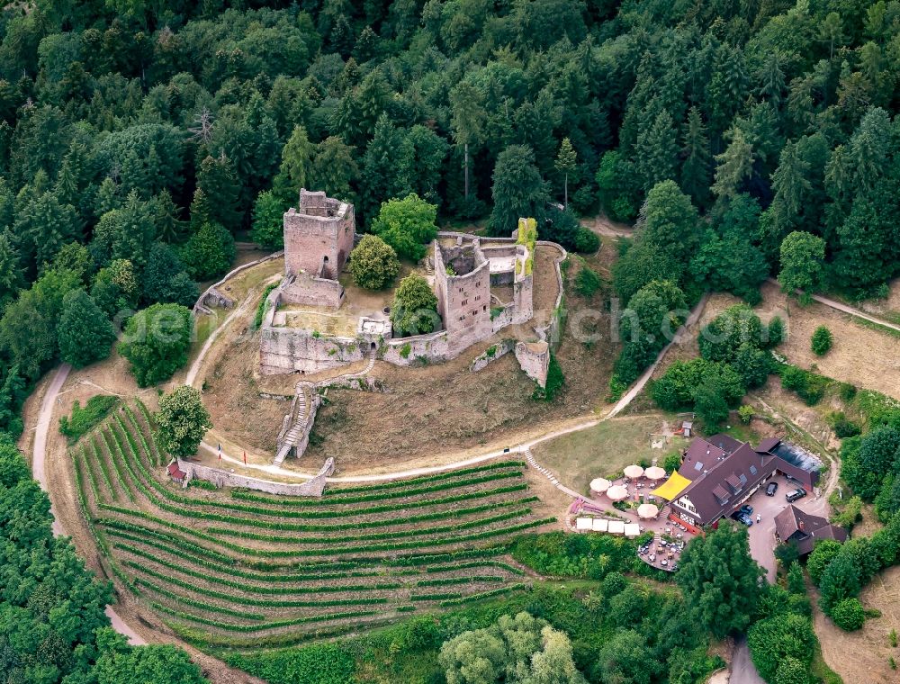 Oberkirch from above - Ruins and vestiges of the former castle and fortress Schauenburg in Oberkirch in the state Baden-Wuerttemberg, Germany