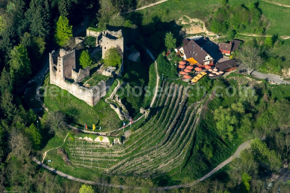 Oberkirch from the bird's eye view: Ruins and vestiges of the former castle and fortress Schauenburg in the district Bottenau in Oberkirch in the state Baden-Wuerttemberg