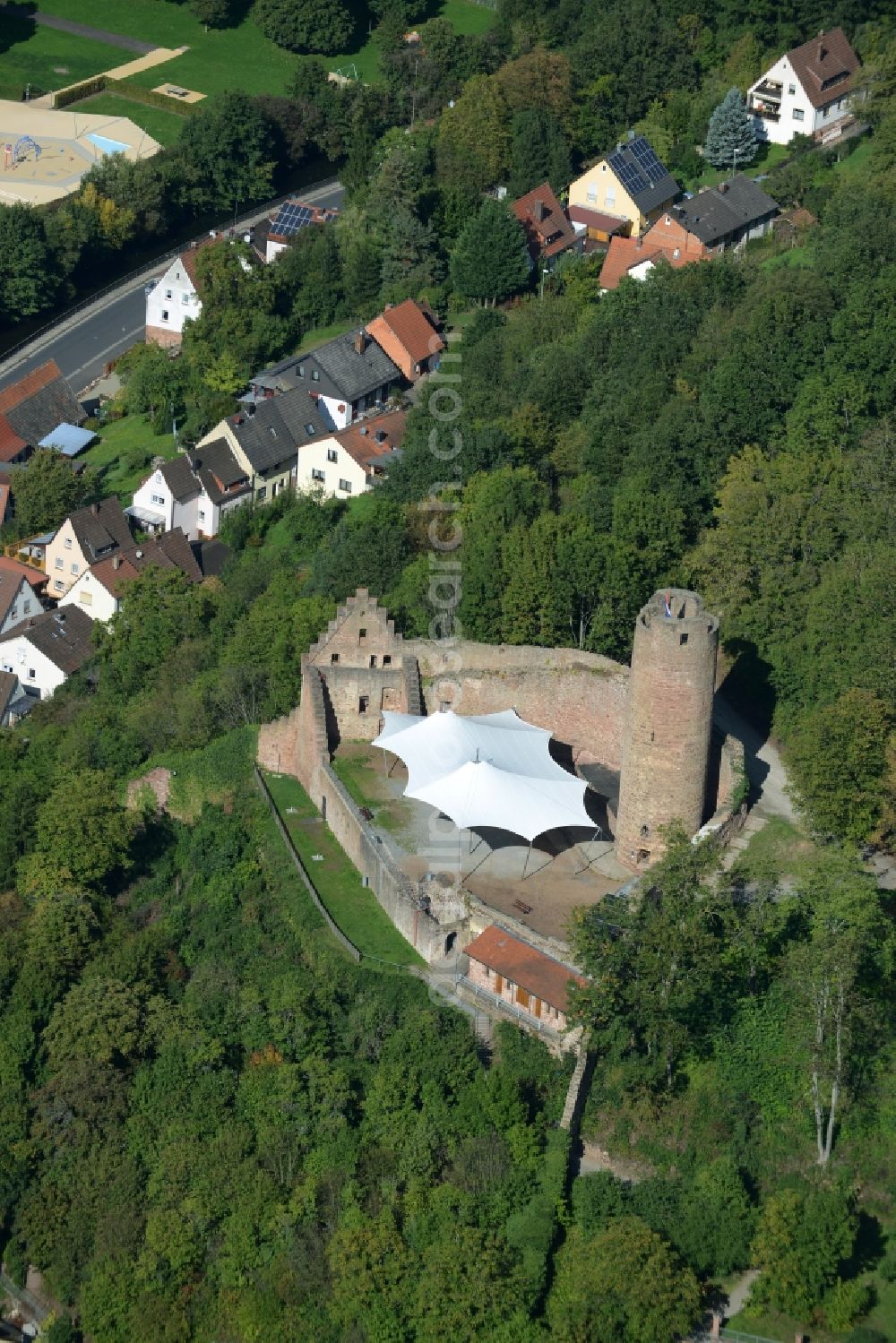 Gemünden from above - Ruins and vestiges of the former castle and fortress Scherenburg in Gemuenden in the state Bavaria