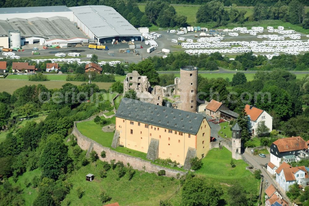 Schwarzenfels from the bird's eye view: Ruins and vestiges of the former castle and fortress in Schwarzenfels in the state Hesse, Germany