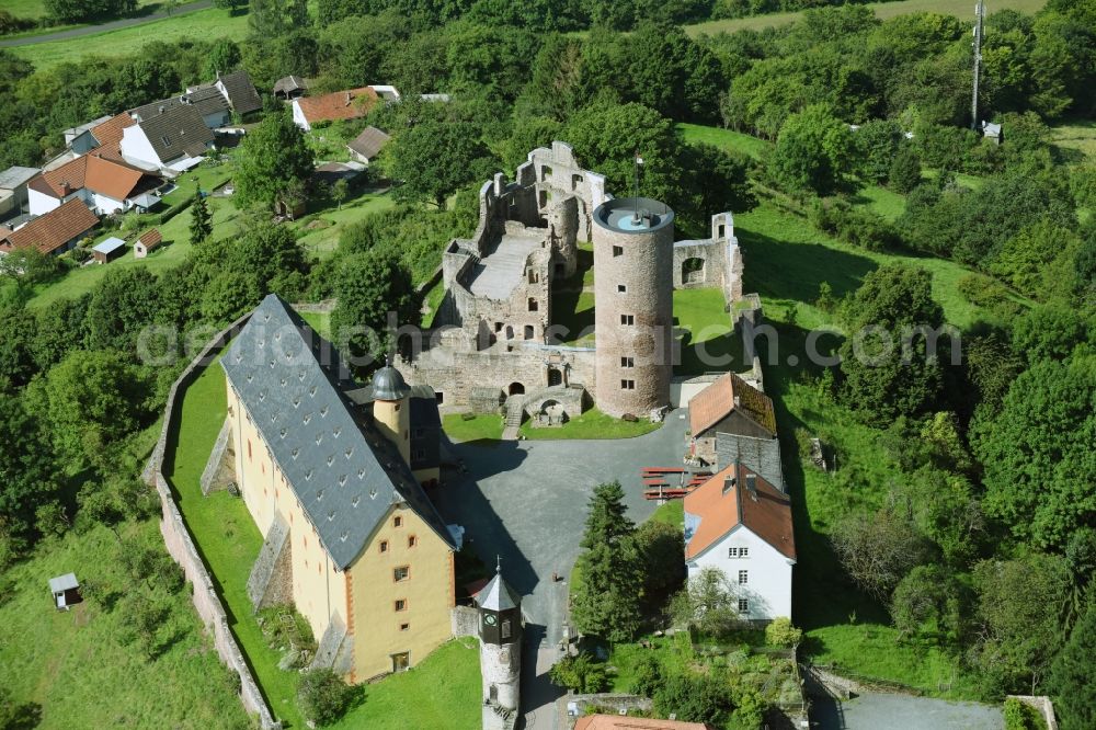 Aerial image Schwarzenfels - Ruins and vestiges of the former castle and fortress in Schwarzenfels in the state Hesse, Germany