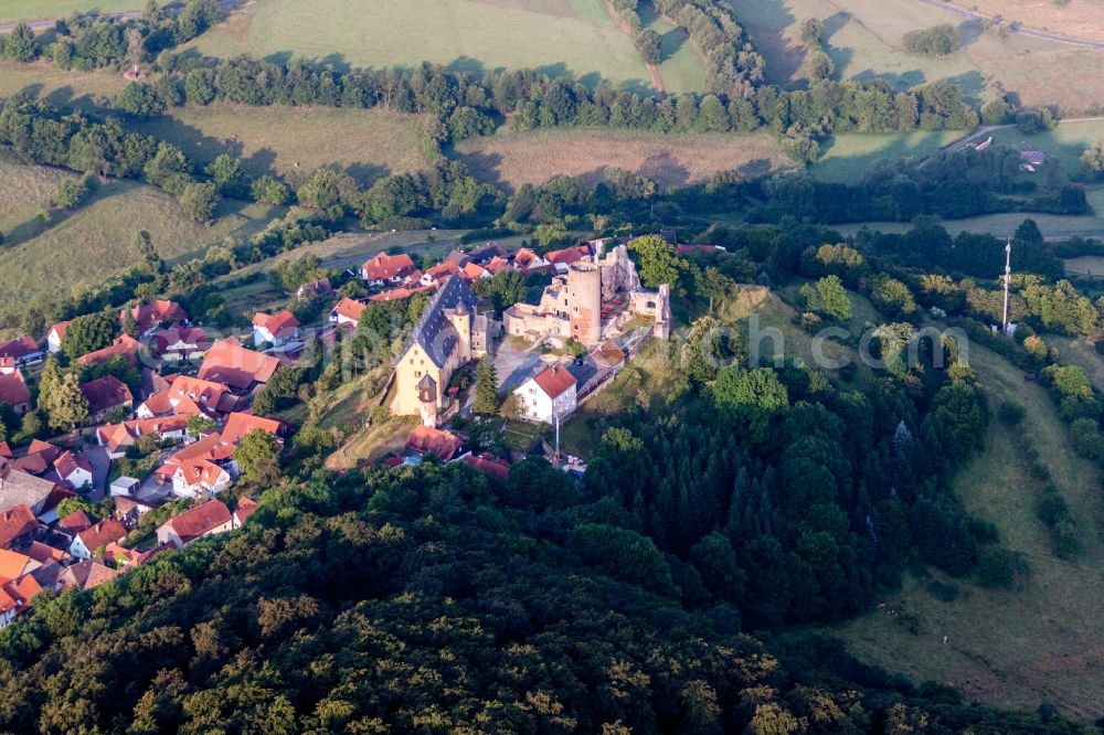 Schwarzenfels from the bird's eye view: Ruins and vestiges of the former castle and fortress in Schwarzenfels in the state Hesse, Germany