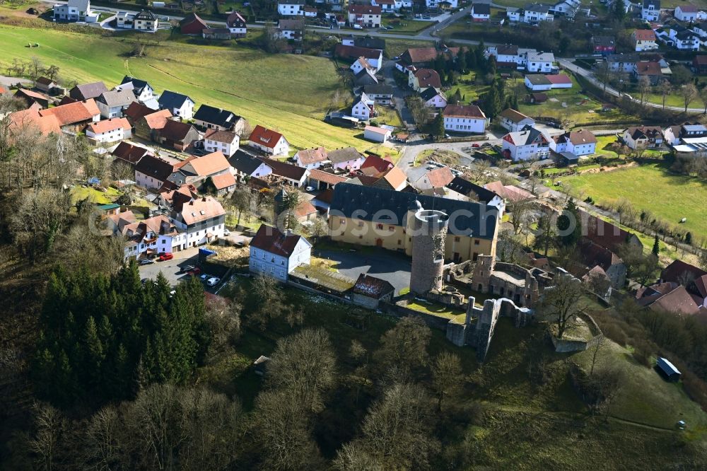 Schwarzenfels from the bird's eye view: Ruins and vestiges of the former castle and fortress in Schwarzenfels in the state Hesse, Germany