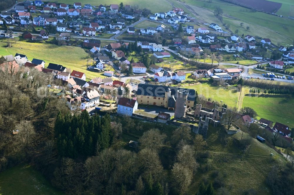 Aerial image Schwarzenfels - Ruins and vestiges of the former castle and fortress in Schwarzenfels in the state Hesse, Germany