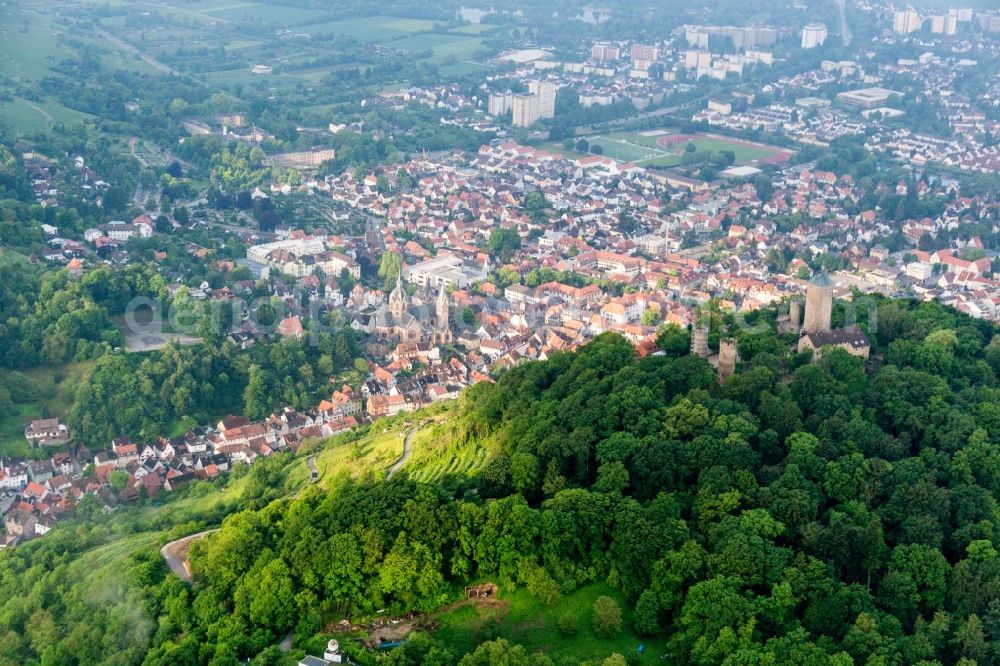 Heppenheim (Bergstraße) from above - Ruins and vestiges of the former castle and fortress Starkenburg in the district Unter-Hambach in Heppenheim (Bergstrasse) in the state Hesse, Germany