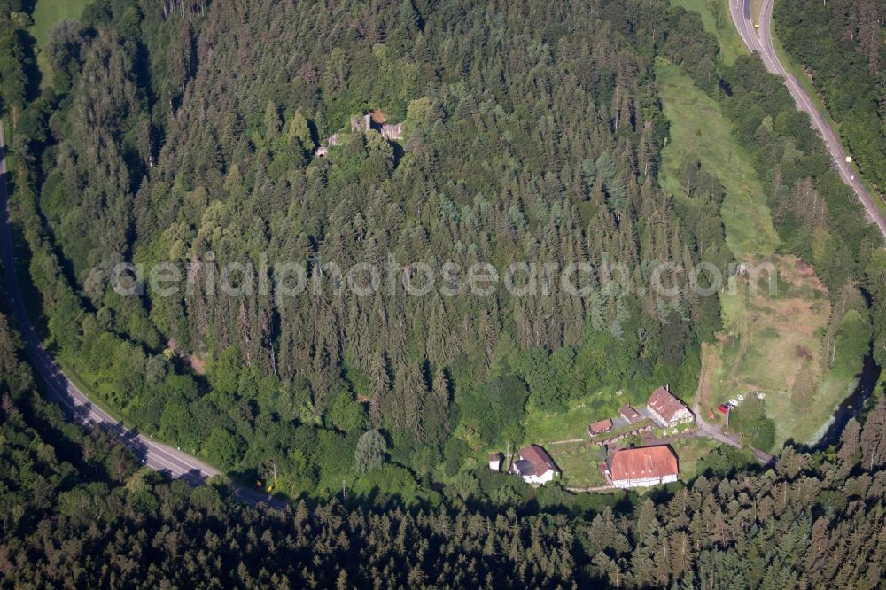 Calw from above - Ruins and vestiges of the former castle and fortress Waldeck in the Nagold valley in Calw in the state Baden-Wuerttemberg