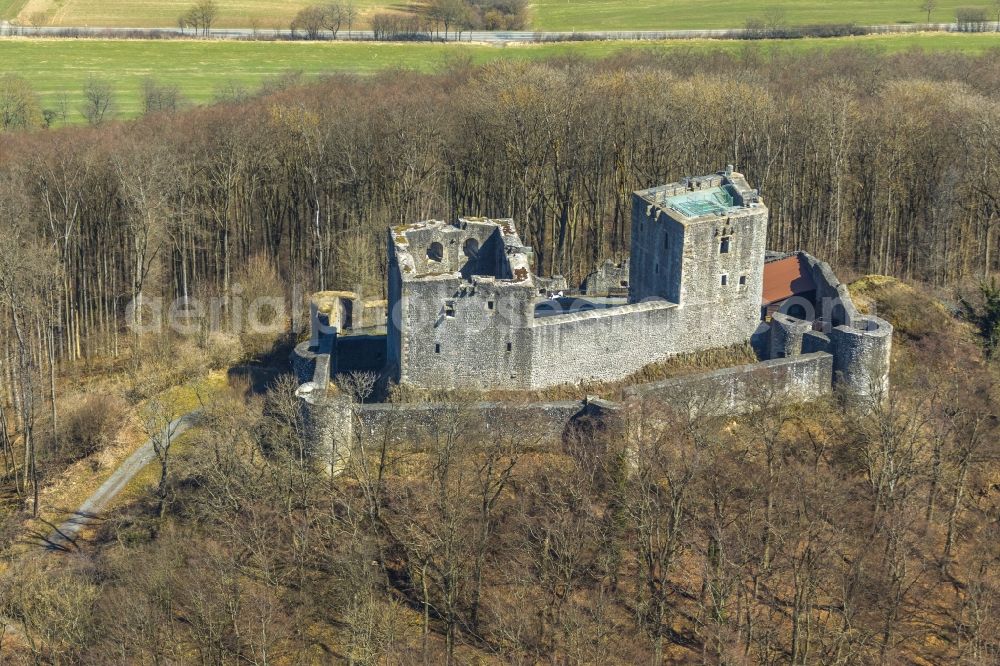 Wolfhagen from above - Ruins and vestiges of the former castle and fortress in Wolfhagen in the state Hesse, Germany