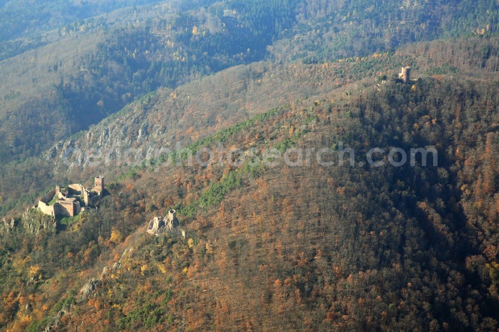 Ribeauville from above - Ruins and vestiges of the former castles and fortresses Chateu du Haut-Ribeaupierre, Chateau de Saint-Ulrich and Chateau du Girsberg in Ribeauville in France