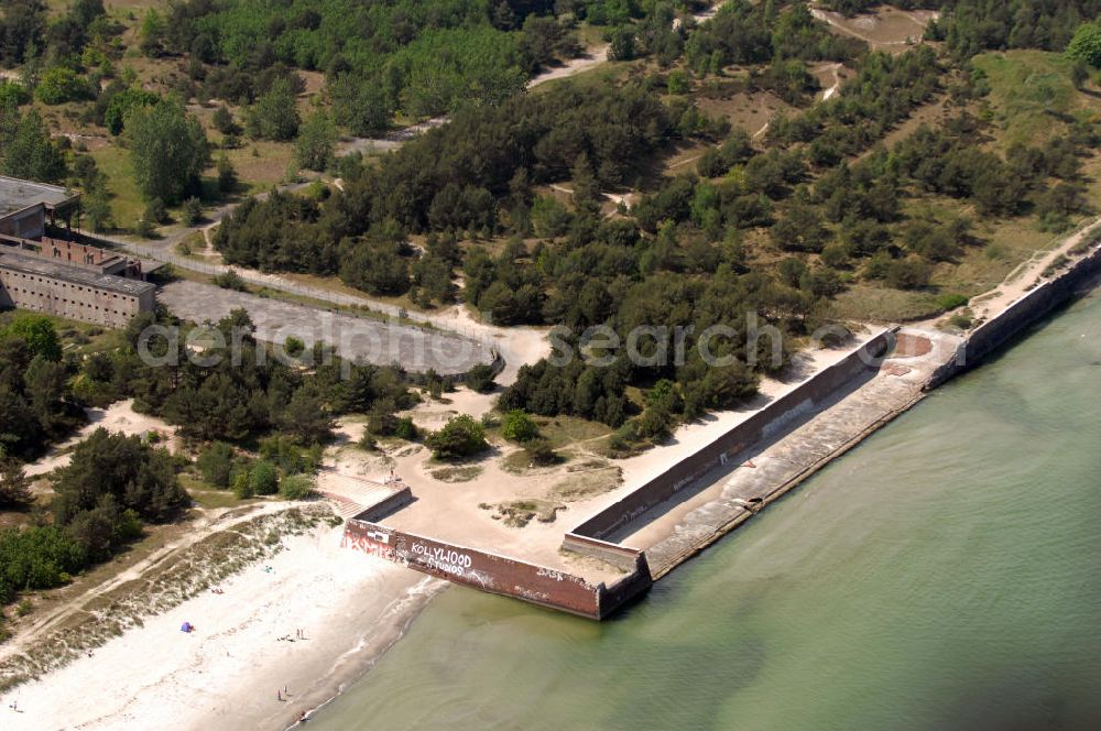 Aerial image Prora - Blick auf die nie fertig gestellte Seebrücke vom Seebad Prora, „Koloss von Prora“ bzw. KdF-Seebad Prora, in Mecklenburg-Vorpommern / MV an der Ostsee-Küste. View onto the never finished pier at the sea / beach resort Prora - Mecklenburg-Western Pomerania.