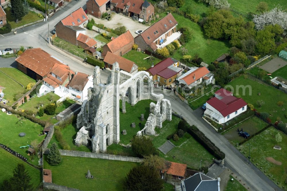 Ablain-Saint-Nazaire from the bird's eye view: Ruins Ruines de leglise of the former gothic church in Ablain-Saint-Nazaire in Nord-Pas-de-Calais Picardy, France