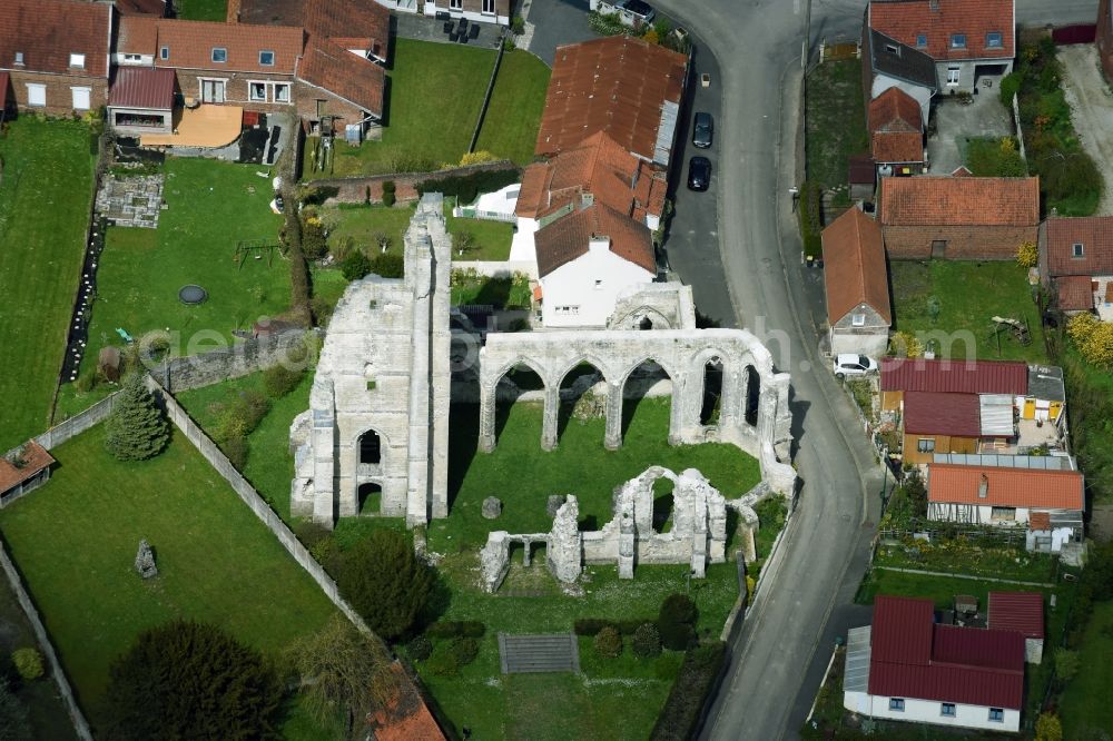 Aerial image Ablain-Saint-Nazaire - Ruins Ruines de leglise of the former gothic church in Ablain-Saint-Nazaire in Nord-Pas-de-Calais Picardy, France