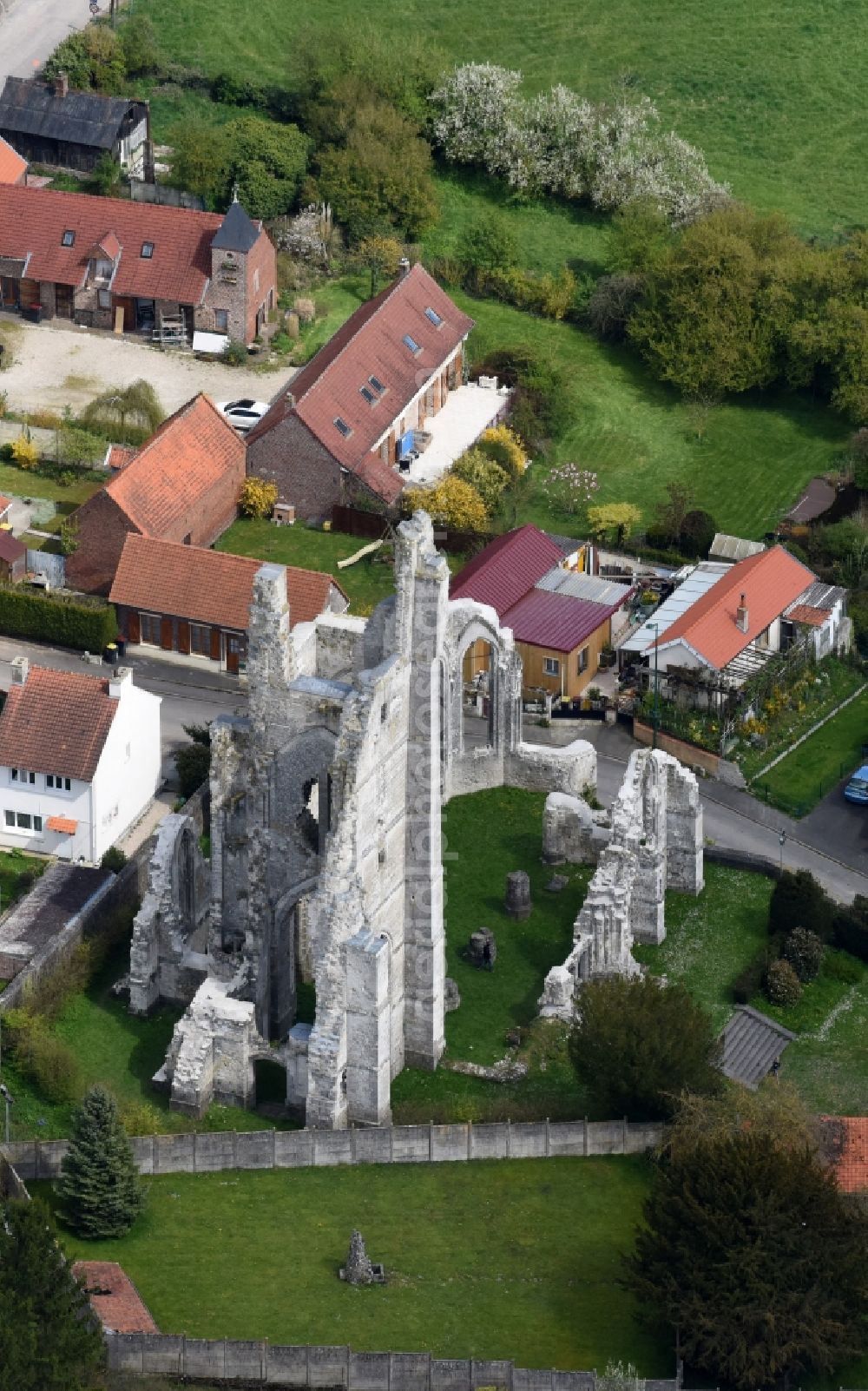 Aerial image Ablain-Saint-Nazaire - Ruins Ruines de l'église of the former gothic church in Ablain-Saint-Nazaire in Nord-Pas-de-Calais Picardy, France