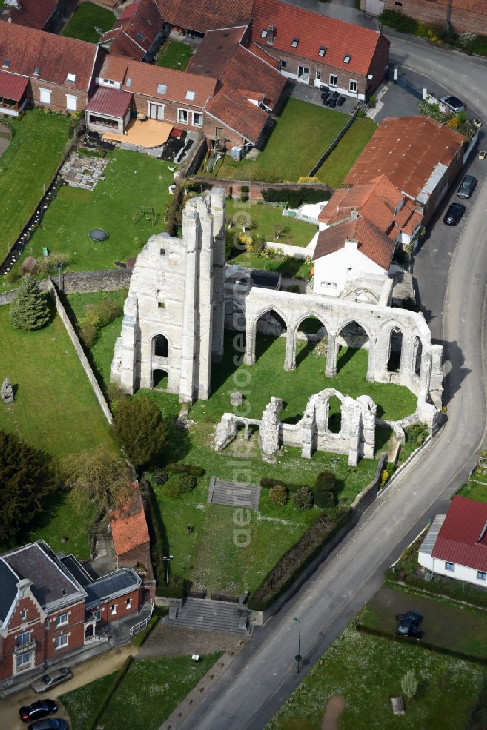 Aerial image Ablain-Saint-Nazaire - Ruins Ruines de l'église of the former gothic church in Ablain-Saint-Nazaire in Nord-Pas-de-Calais Picardy, France