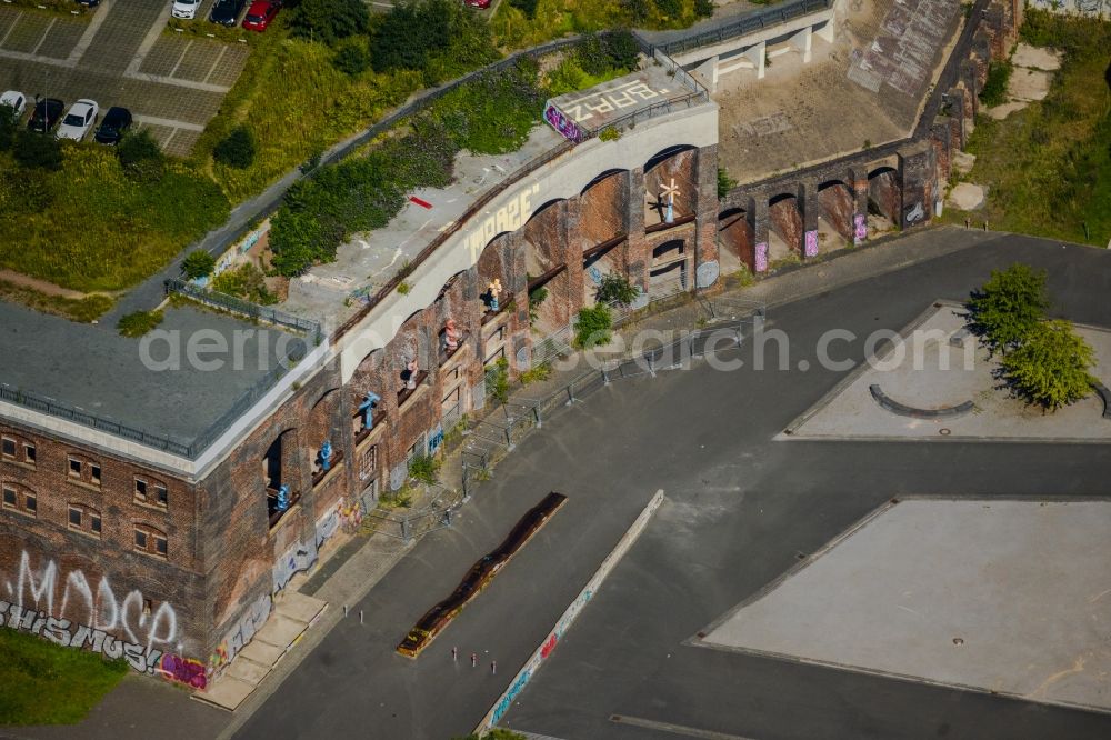 Bochum from the bird's eye view: Ruins of the arched facade of the former entrance of the Krupp site in the district Innenstadt in Bochum at Ruhrgebiet in North Rhine-Westphalia