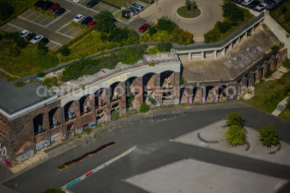 Aerial image Bochum - Ruins of the arched facade of the former entrance of the Krupp site in the district Innenstadt in Bochum at Ruhrgebiet in North Rhine-Westphalia