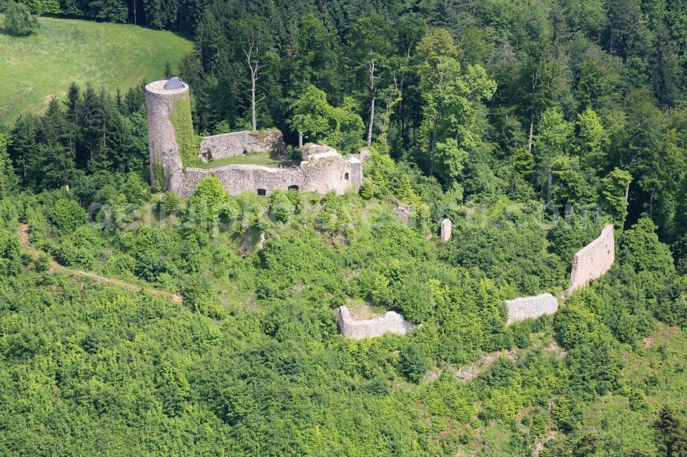 Kandern from above - In the area of Kan dern in the state of Baden-Wuerttemberg, the ruins of Sausenburg can be found. The ruins are open to visitors