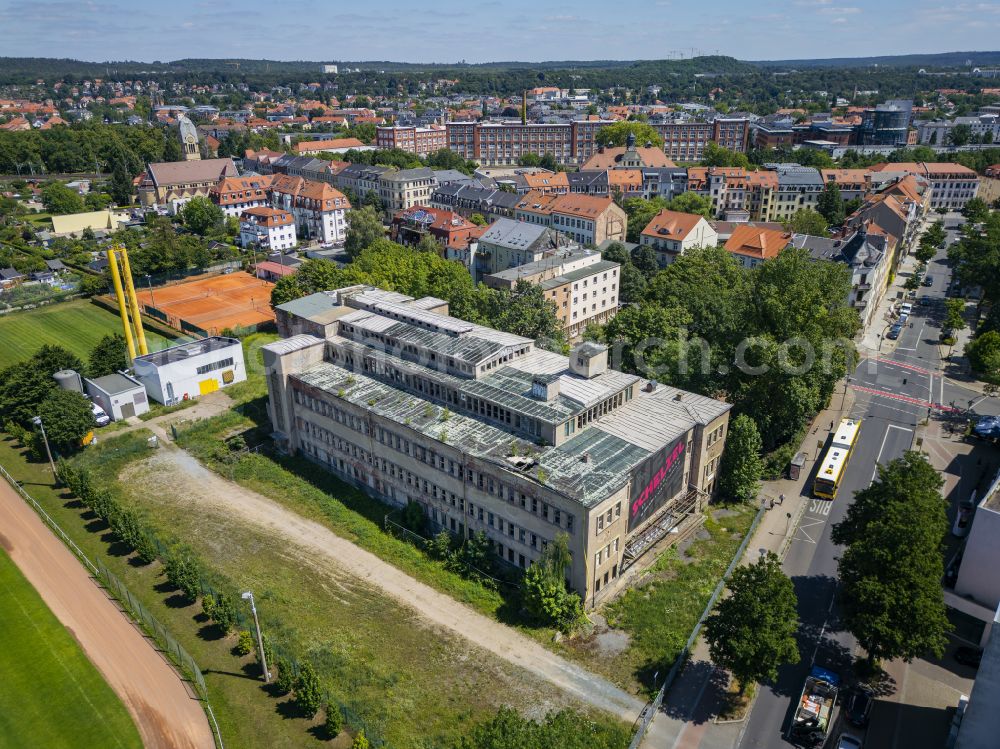 Dresden from above - Ruins of the disused swimming pool Sachsenbad on Wurzener Strasse in Dresden in the state of Saxony, Germany