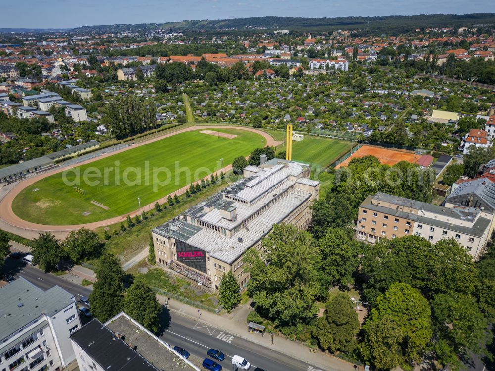 Dresden from above - Ruins of the disused swimming pool Sachsenbad on Wurzener Strasse in Dresden in the state of Saxony, Germany