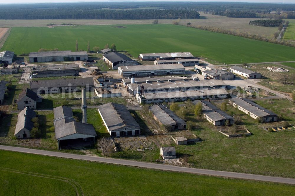 Schönewalde from above - Ruin of abandoned agricultural function building in the district Ahlsdorf in Schoenewalde in the state Brandenburg